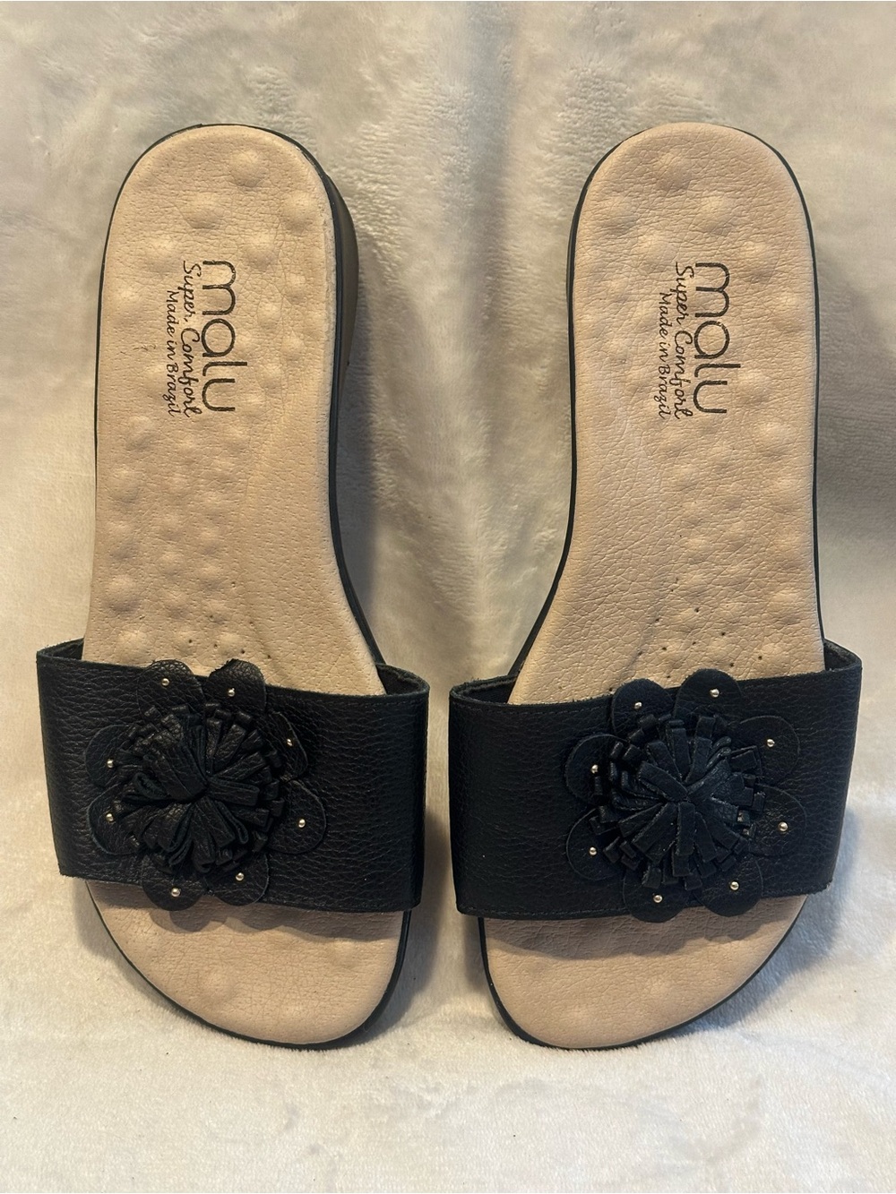 Malu Women's Black Leather Slide Sandals Comfort Made in Brazil Size 7 Beach